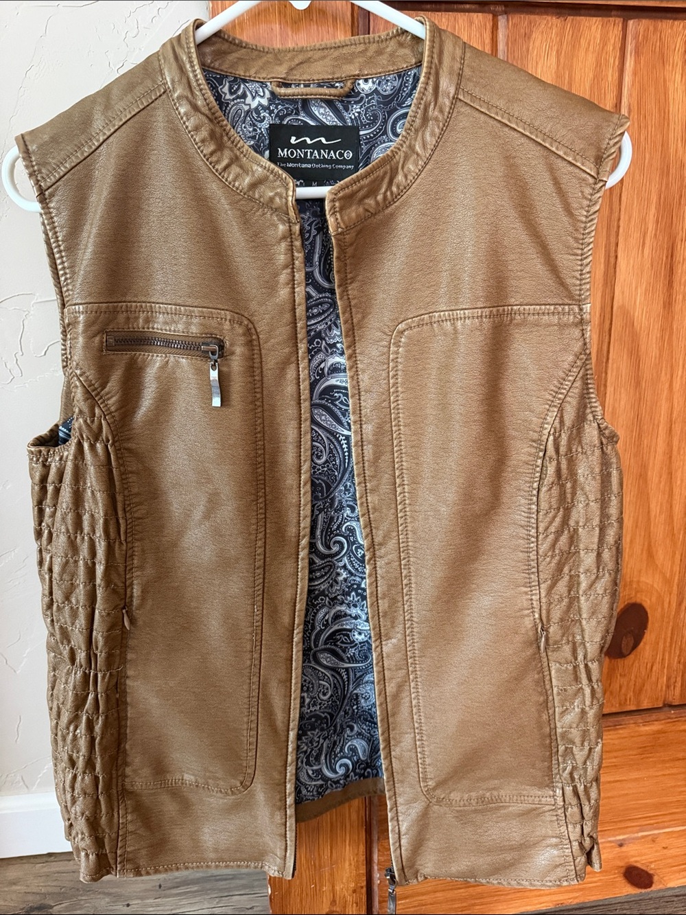 Montanaco Brown Faux Leather Vest Smocked Sides Paisley Lining - Size M